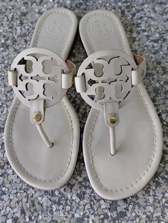 Tory Burch Shoes - Tory Burch Miller Ivory Leather Logo Thong Sandals Flip Flops Women's 6,5/7